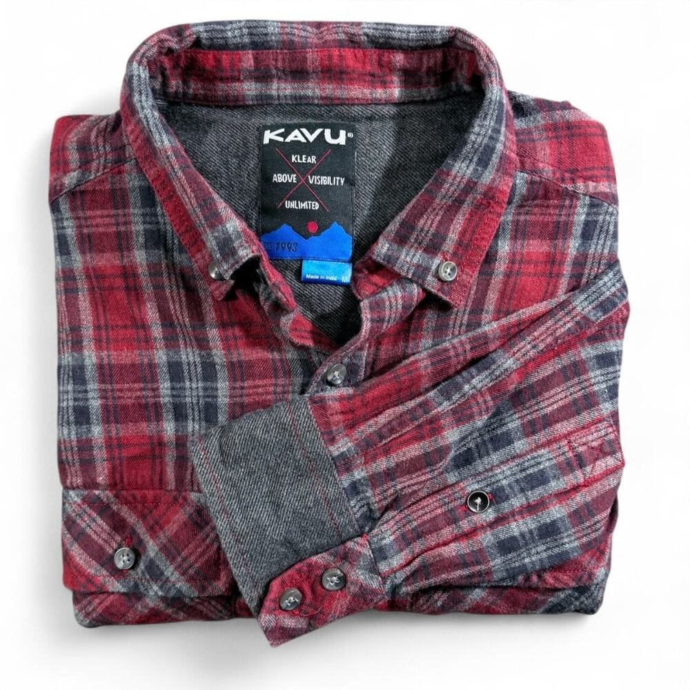 KAVU Flannel Shirt Mens M Red Gray Plaid Outdoor Work Gorpcore MTB Cabincore Y2K